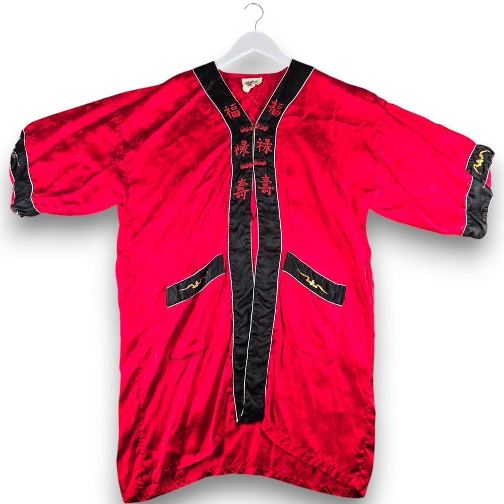 VTG Silver Lake Mens Robe Red Rayon Damask Embroidered Character Frog Closure